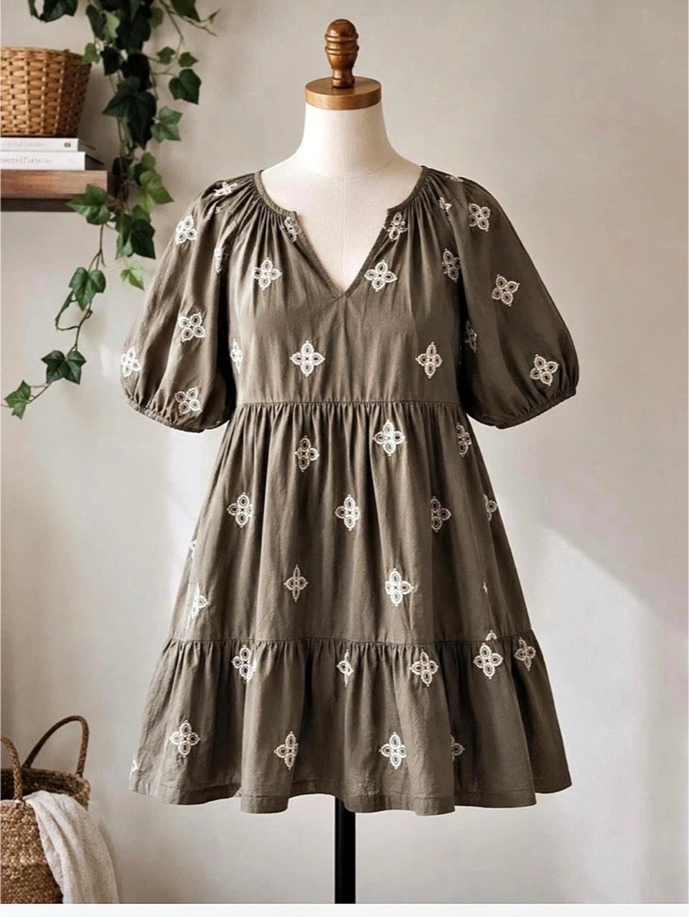 Mira Olive Green Embroidered Tiered Babydoll Dress Mini Dress Large